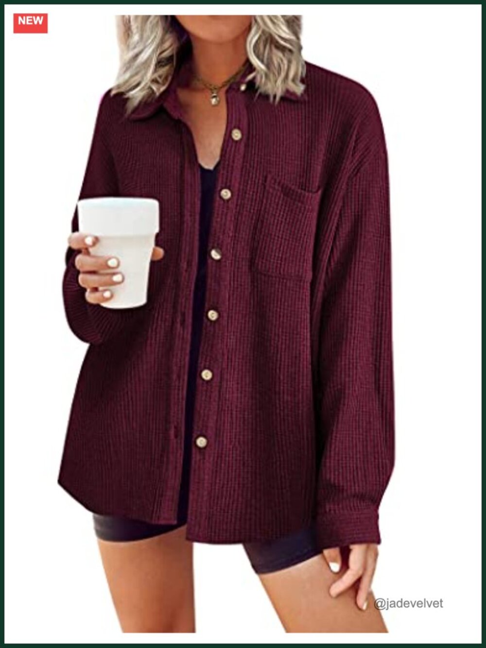 Waffle Knit Button Down Shirt Women Long Sleeve Shacket with Pocket